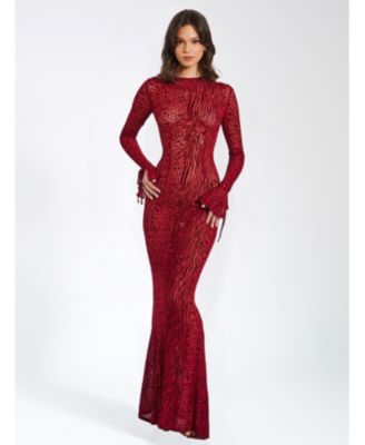 Women Waylynn Burnout Velvet Detail Mesh Backless Maxi Dress