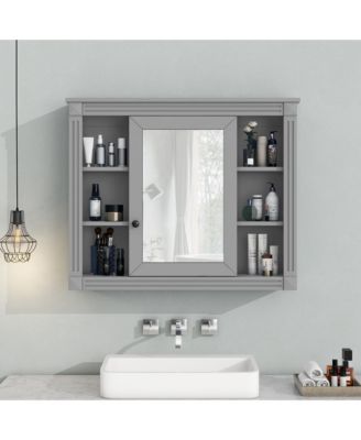 35" x 28" Mirror Cabinet with 6 Open Shelves, Wall Mounted Bathroom Medicine Cabinet (No Vanity)