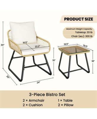 Yaheetech 3-Piece Outdoor Wicker Rattan Boho Coffee Table & 2 Chairs, Tan/Cream