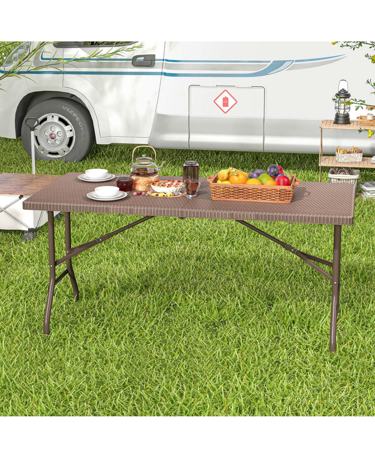 5 ft Folding Picnic Table Outdoor Dining Table with Rattan Grain Hdpe Tabletop