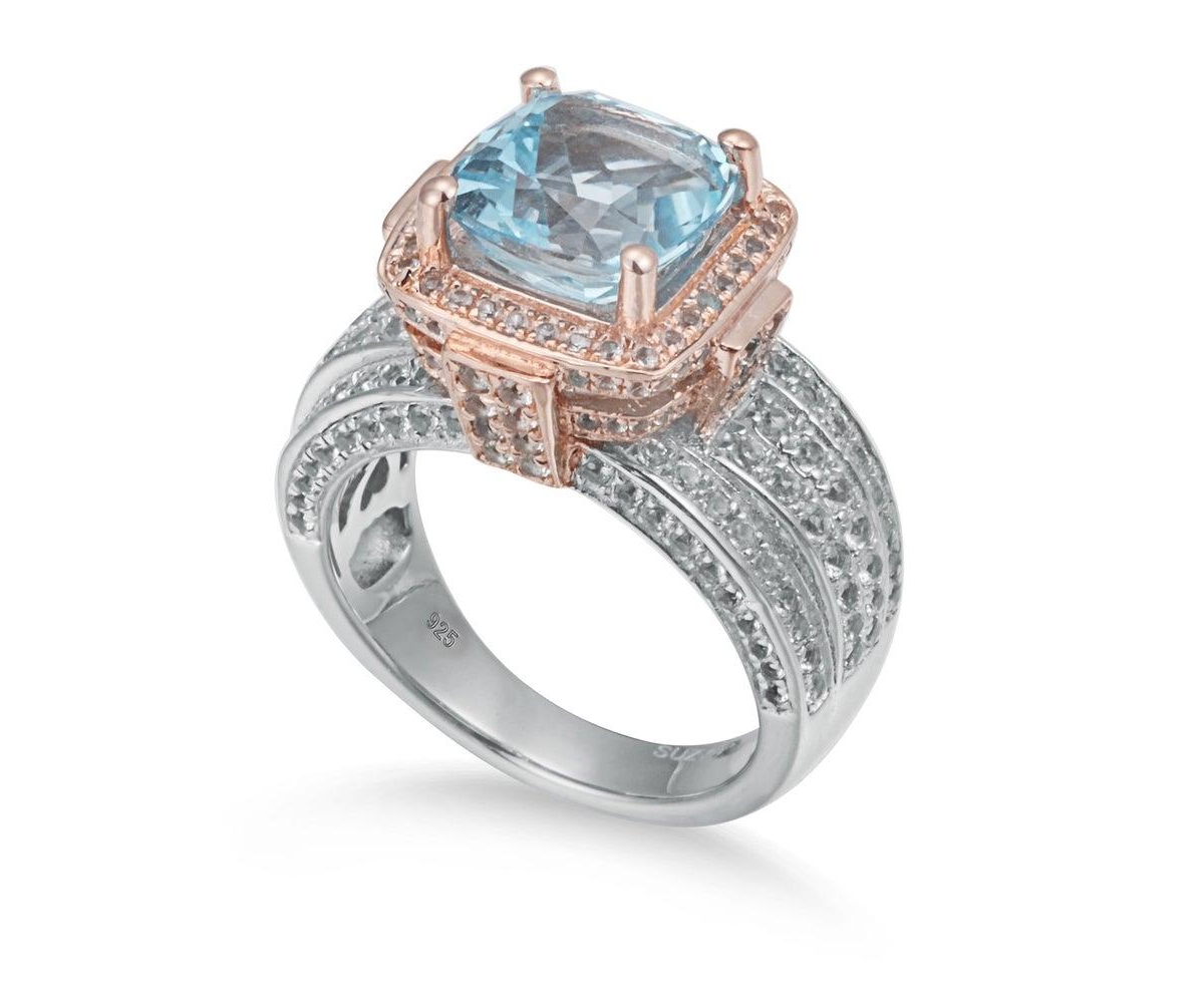 Suzy Levian Two-Tone Sterling Cushion Cut Center Topaz Cocktail Milano Ring