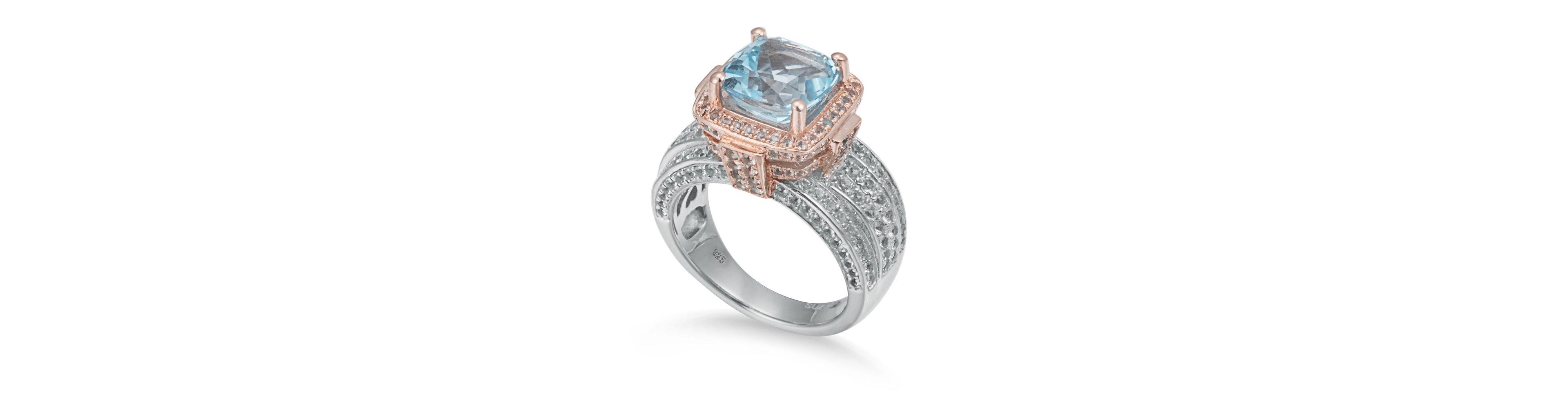 Suzy Levian Two-Tone Sterling Cushion Cut Center Topaz Cocktail Milano Ring