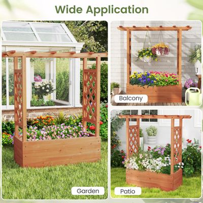Raised Garden Bed Wooden Elevated Planter w/Side Trellis & Hanging Roof