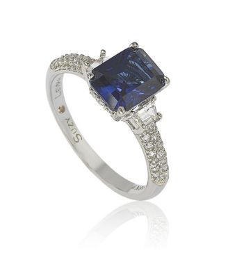 Suzy Levian Sterling Silver Sapphire & Created White Sapphire Emerald Cut Proposal Ring