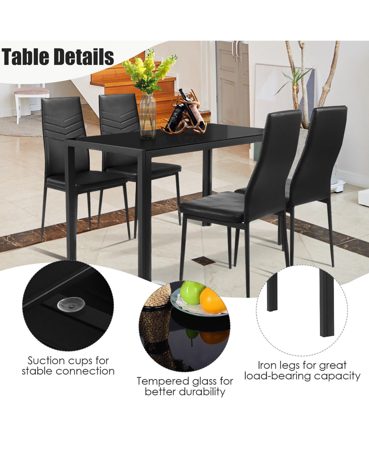 Gymax 5 Piece Kitchen Dining Set Glass Metal Table and 4 Chairs Breakfast Furniture