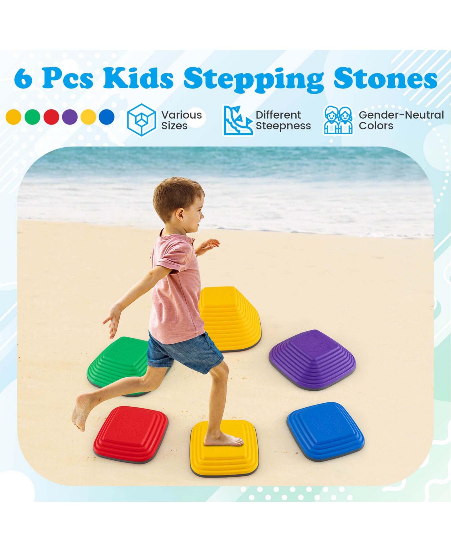 Детские игрушки Costway Non-Slip Balance Blocks Stepping Stones, 177 lbs Capacity, 6-Piece Set, от 3 лет, цвет: Жёлтый — фото 7