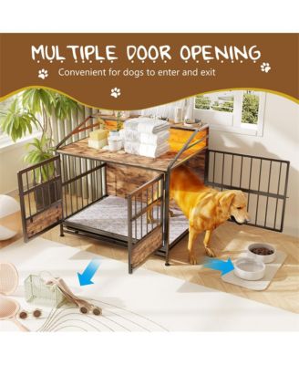 Brown Multi-function Dog Crates with Storage Large Wooden Dog Kennel with Double Doors for Large/Medium Dog