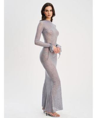 Women Waylynn Gray Animal Print Burnout Velvet Detail Mesh Backless Maxi Dress