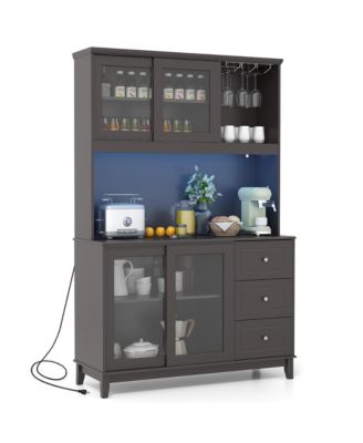 Kitchen Pantry Storage Cabinet Kitchen Hutch w/ LED lights & Power Outlet Dark