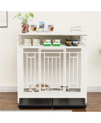 43.3 White Dog Crate Furniture Wooden Crate with Divider Double Door Kennel Three Drawers