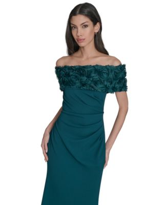 Petite Rosette-Trim Off-The-Shoulder Evening Gown