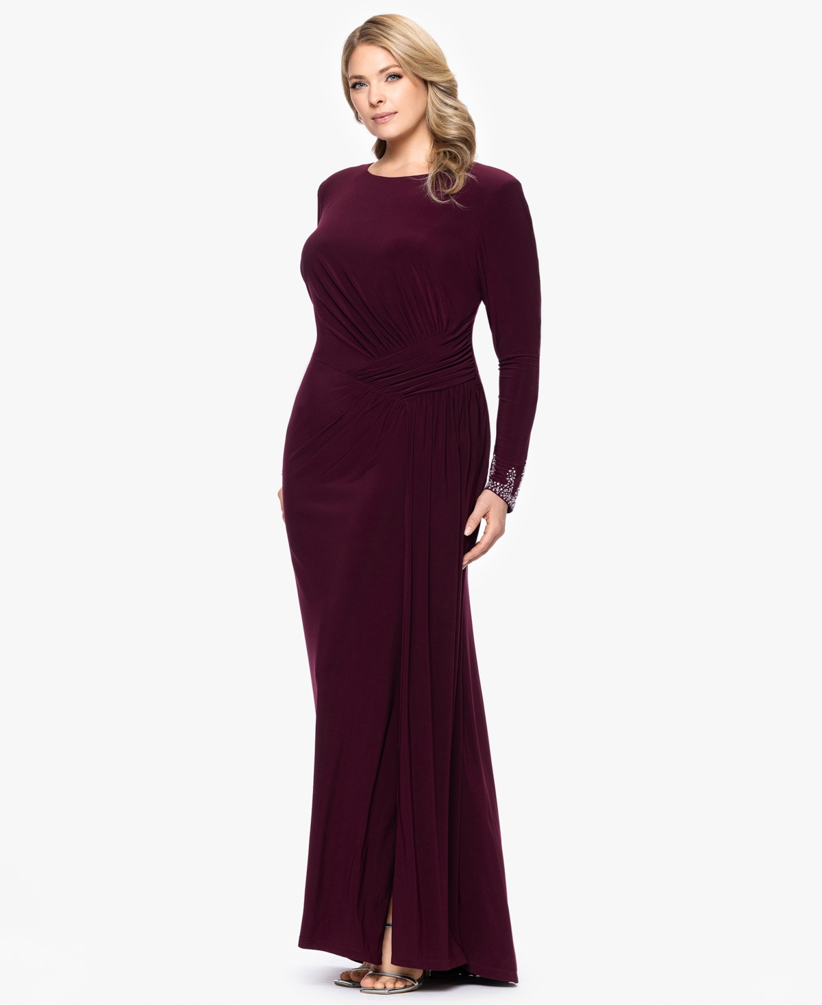 Betsy & Adam Plus Size Long Sleeve Beaded Dress In Burgundy