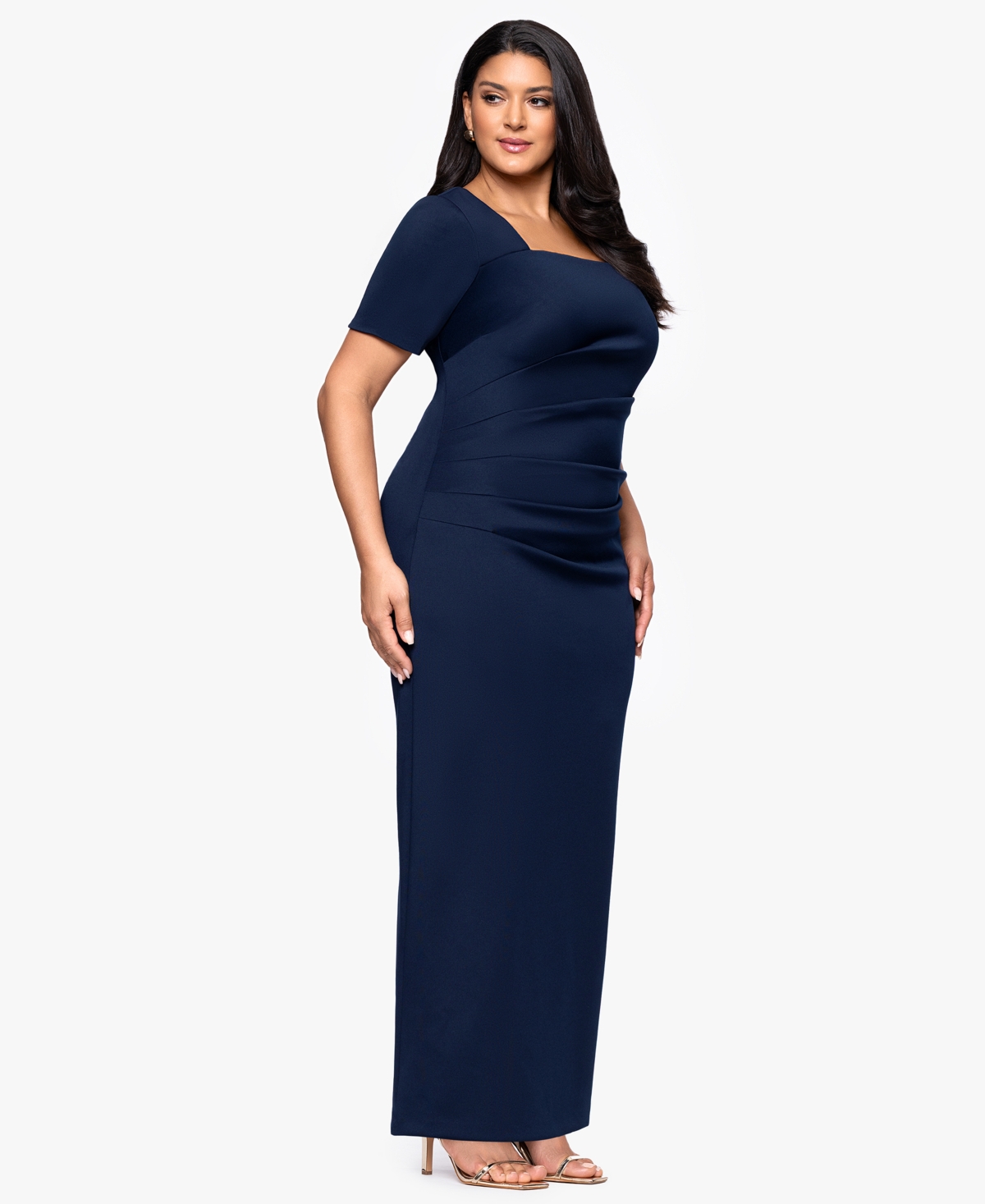 Betsy & Adam Plus Size Long Tech Scuba Open Back Dress In Blue