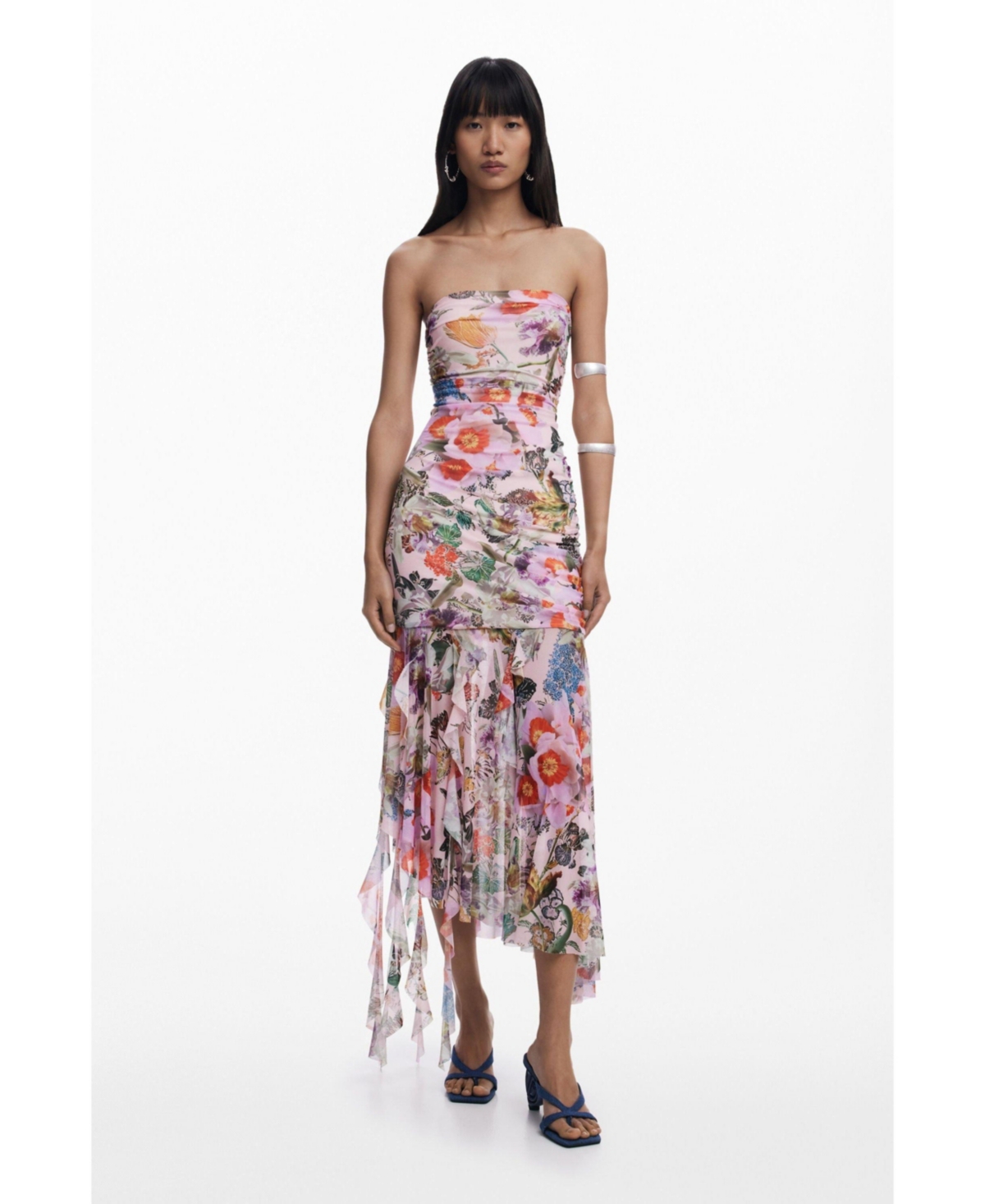 Desigual Ruched Ruffle Hem Asymmetric Maxi Dress In Pink