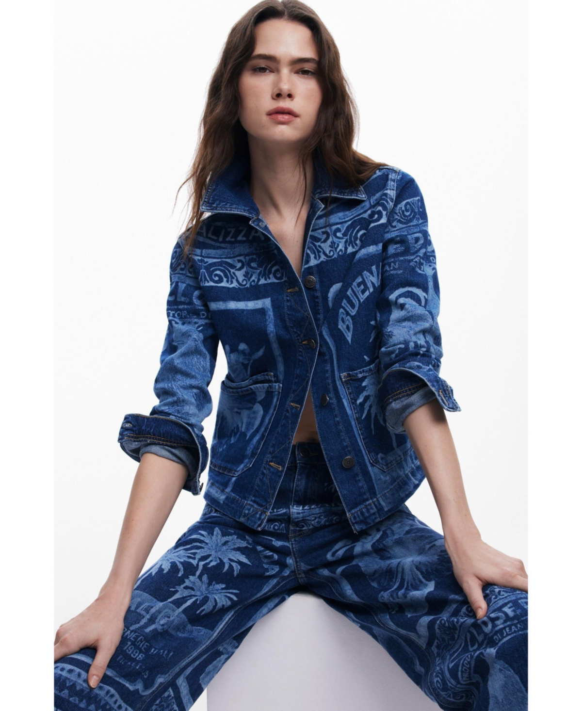 Desigual Palm Tree Denim Jacket In Blue