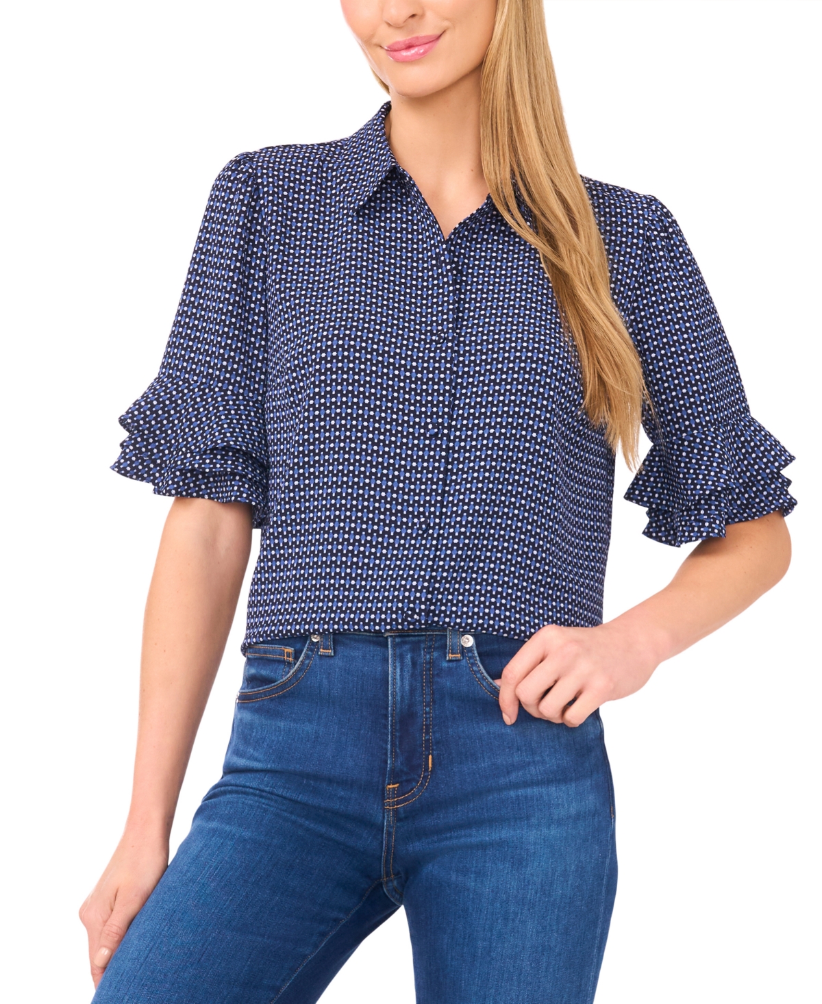 Cece Women's Button Up Collared Elbow Ruffle Sleeve Top In Blue