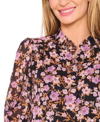 Women's Ruched Sleeve Hidden Placket Open Collar Top