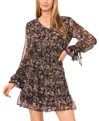 Women's V-Neck Long Balloon Sleeve Short Dress