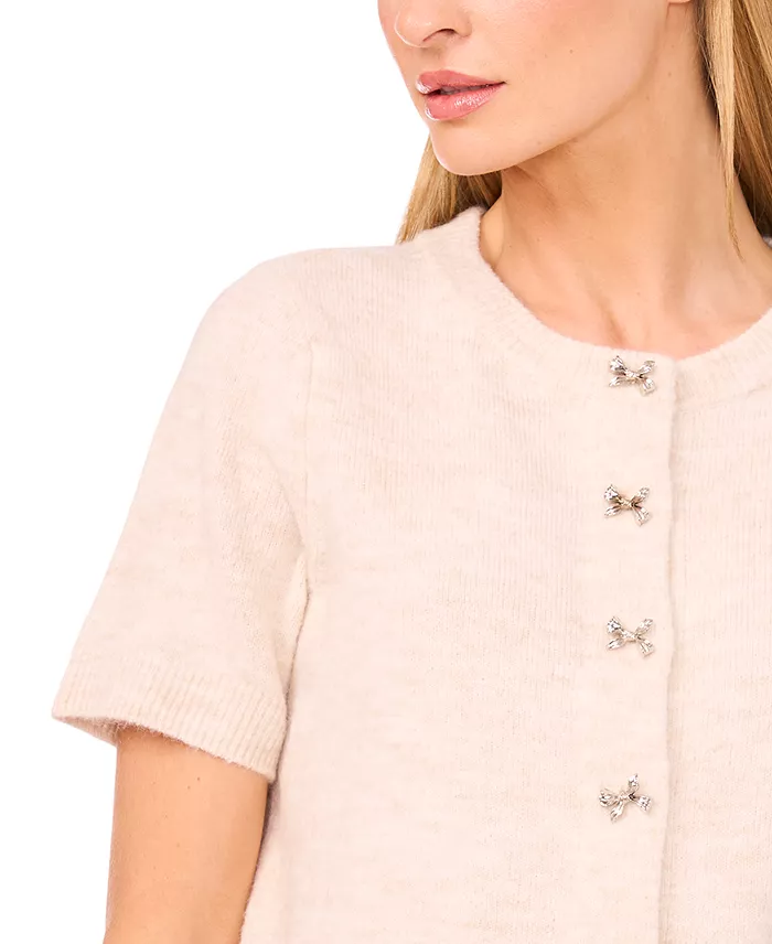 Women's Short Sleeve Bow Button Cardigan Sweater - thumbnail 5