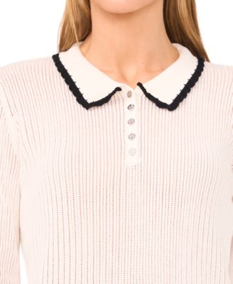 Women's Pointelle Knit Long Sleeve Trim Polo Sweater