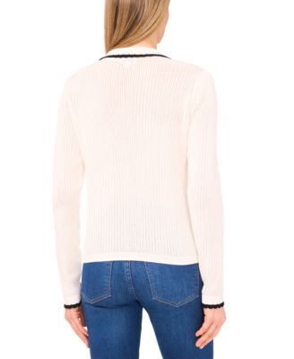 Women's Pointelle Knit Long Sleeve Trim Polo Sweater