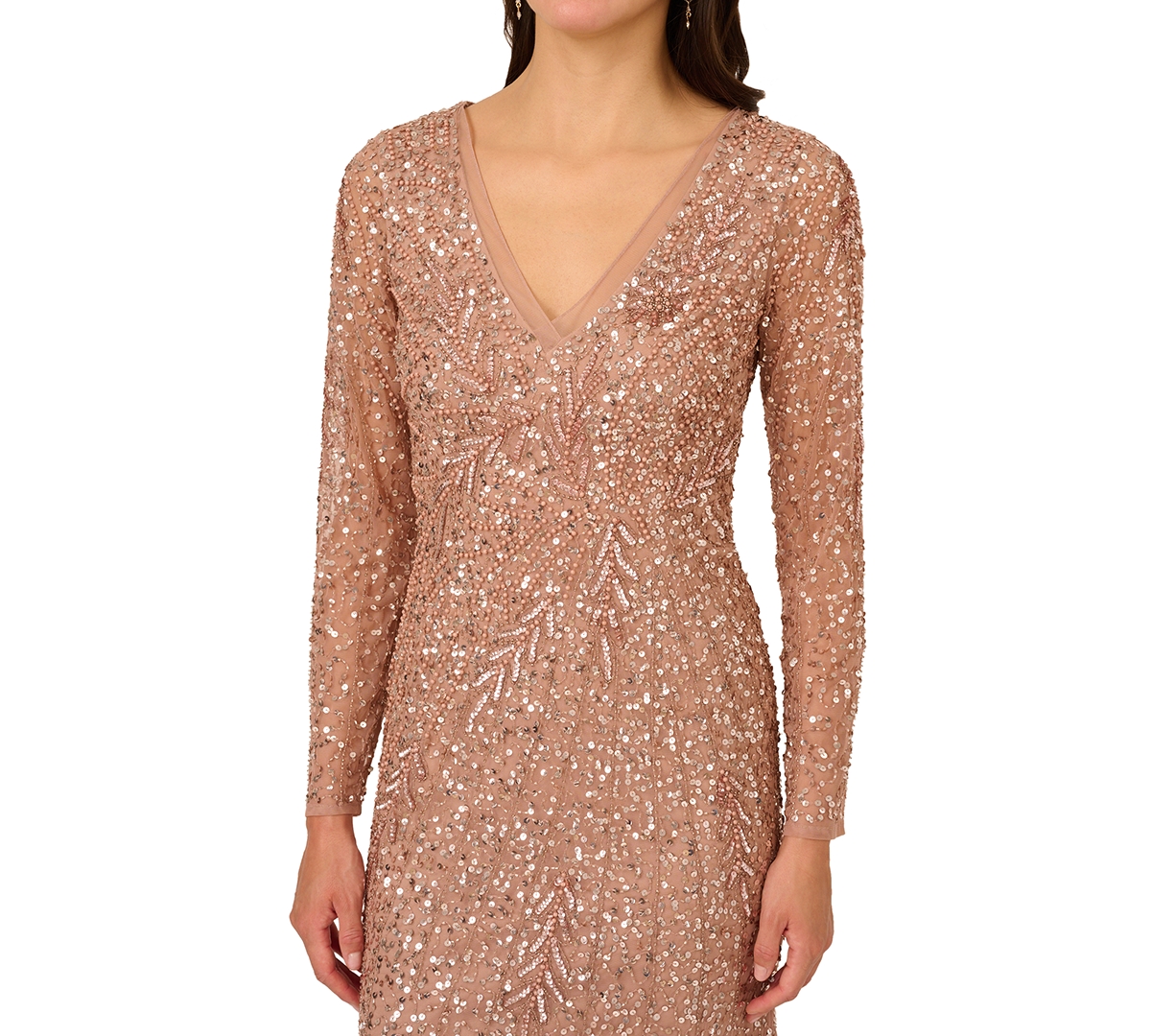 Adrianna Papell Women's Long-Sleeve Beaded Full-Length Gown