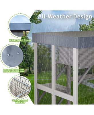 70.5 in. H Outdoor Wooden Cat Enclosure with 6 Jumping Platforms 2 Napping Houses Movable tarp cover in Gray