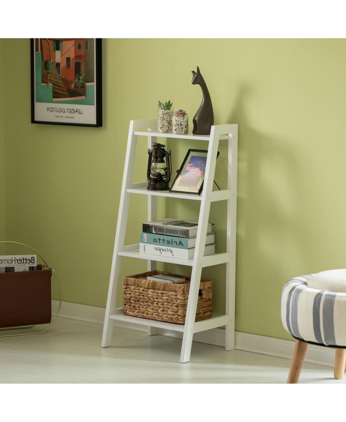 Basicwise Decorative White Wooden Modern 4-Tier Ladder Bookshelf, Flower and Plant Display