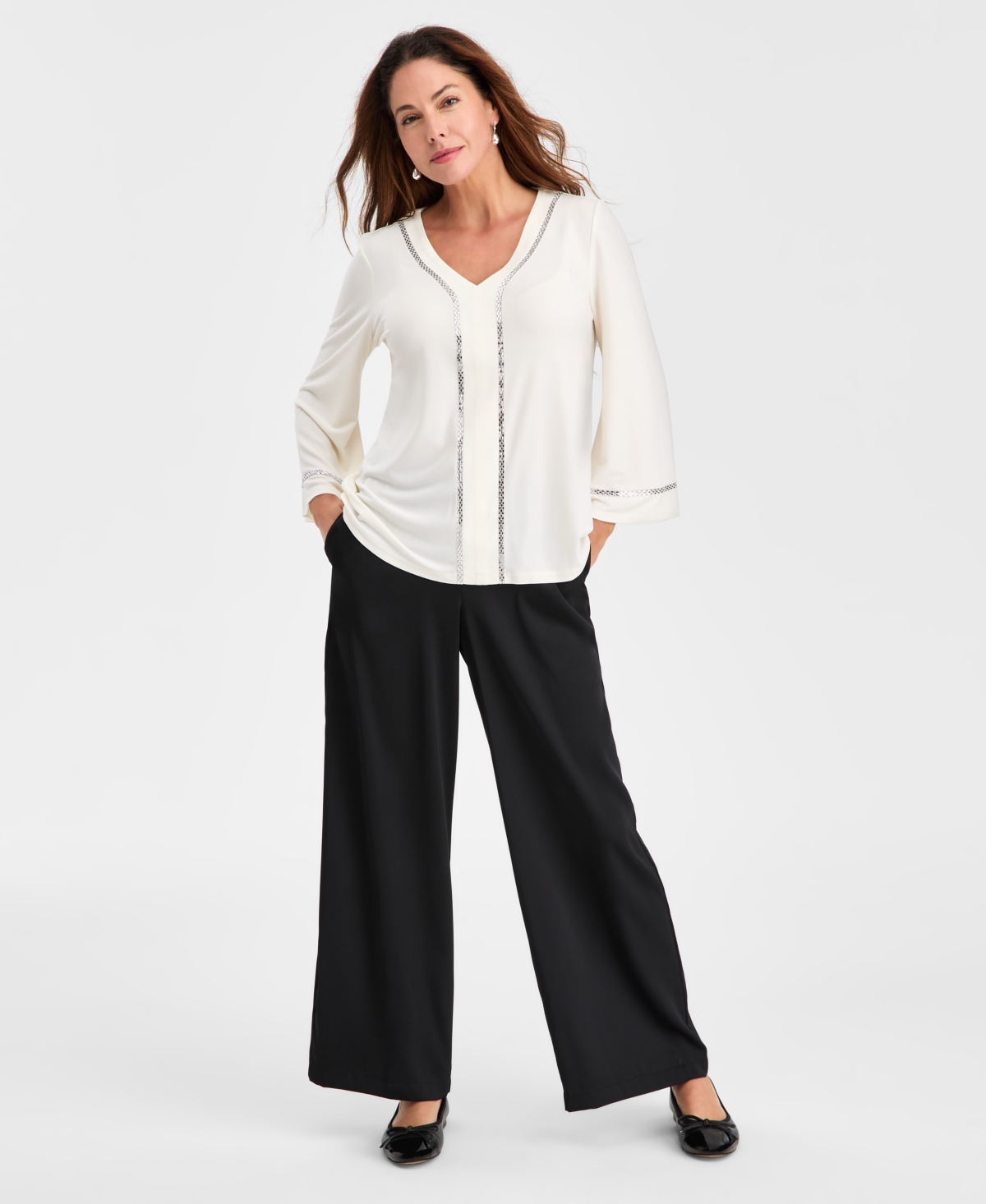 Jm Collection Petite Embellished V-neck Knit Top In White