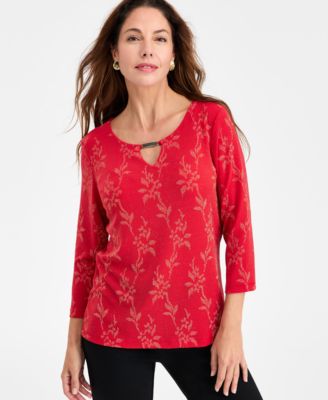 JM Collection - Women's Leafy Floral Shine Party Jacquard Top