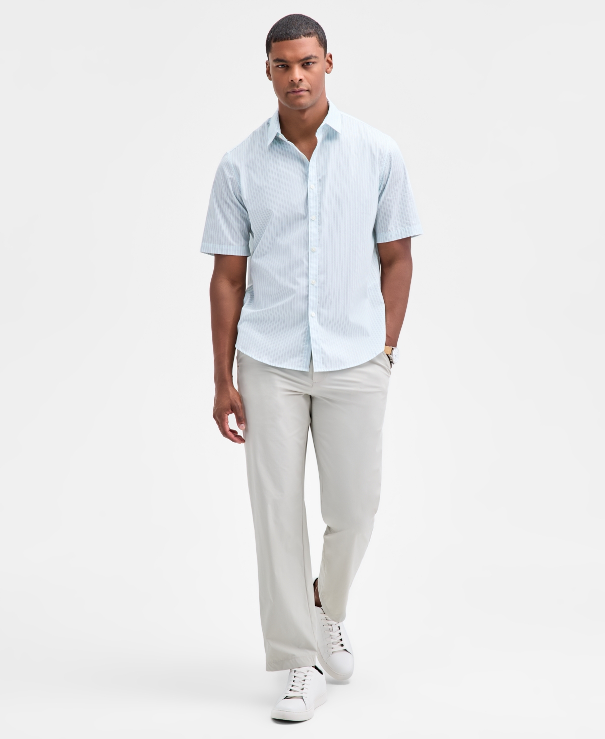 Alfani Men's Short Sleeve Striped Poplin Button-front Shirt, Macy's Exclusive In White