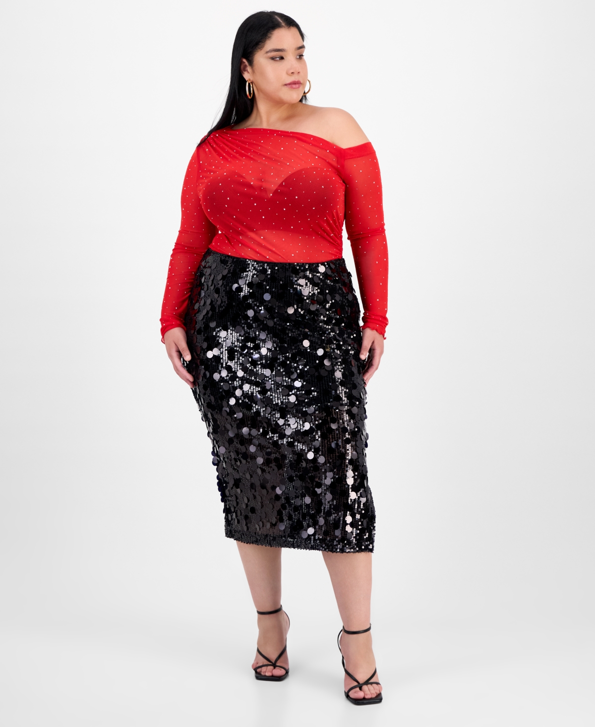Bar Iii Trendy Plus Sequin Side-slit Midi Skirt In Red