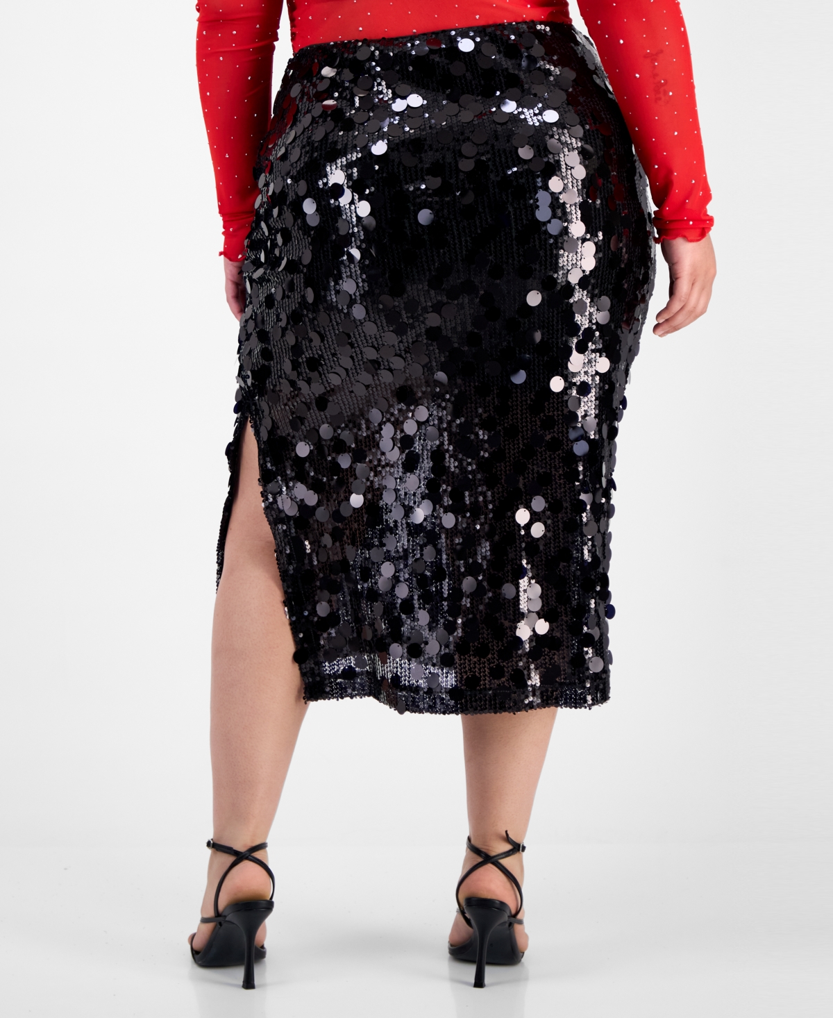 Bar Iii Trendy Plus Sequin Side-slit Midi Skirt In Red