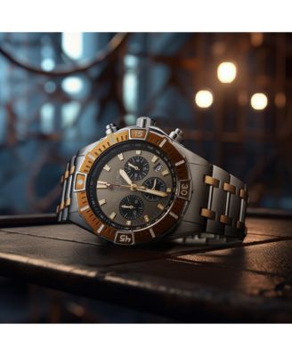 1022 Men s Chronograph Watch Quartz Movement Gunmetal Dial Black Subdials Black Bezel Two Tone Stainless Steel Bracelet 50M Water Resistant