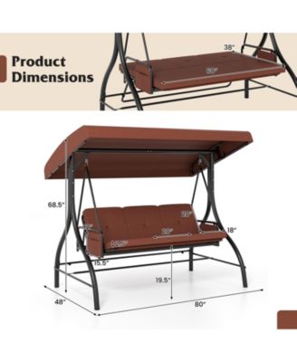 3-Seat Patio Swing w/ Canopy & Removable Cushions & Side Pockets Stand
