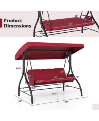 3-Seat Patio Swing w/ Canopy & Removable Cushions & Side Pockets Stand