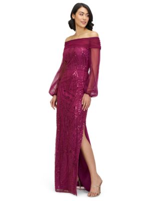 Women's Savannah Embellished Off the Shoulder Long Sleeve Chiffon Column Gown