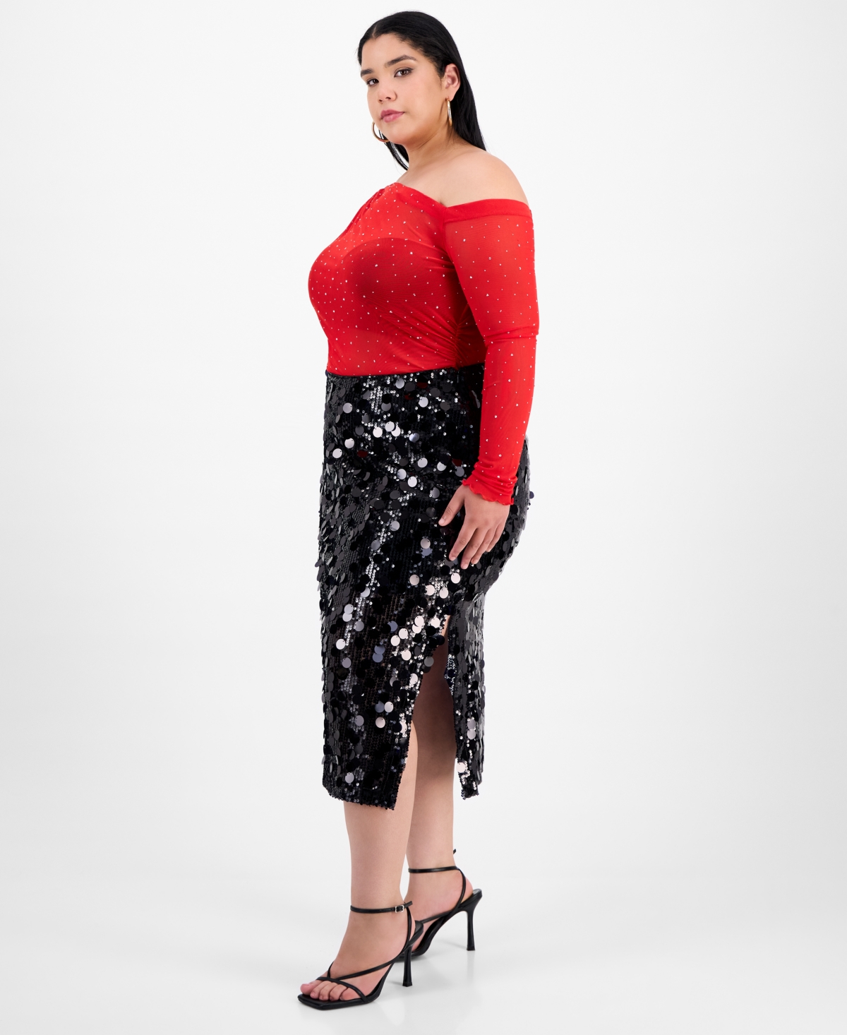 Bar Iii Trendy Plus Sequin Side-slit Midi Skirt In Red