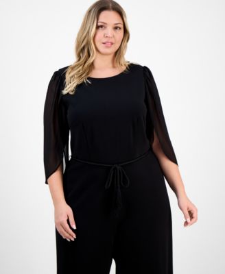 Plus Size Bell-Sleeve Tassel-Belt Jumpsuit