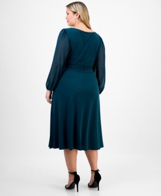 Plus Size Shirred-Waist Sheer-Sleeve Midi Dress