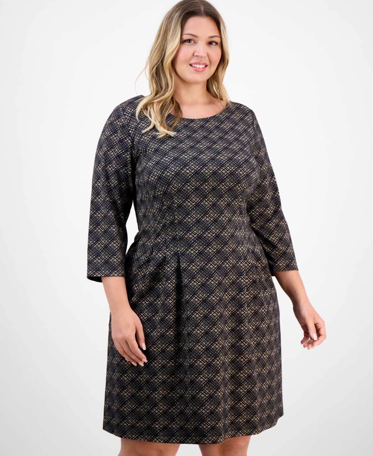 Connected Plus Size Knit Long-sleeve Tuck-front Fit & Flare Dress