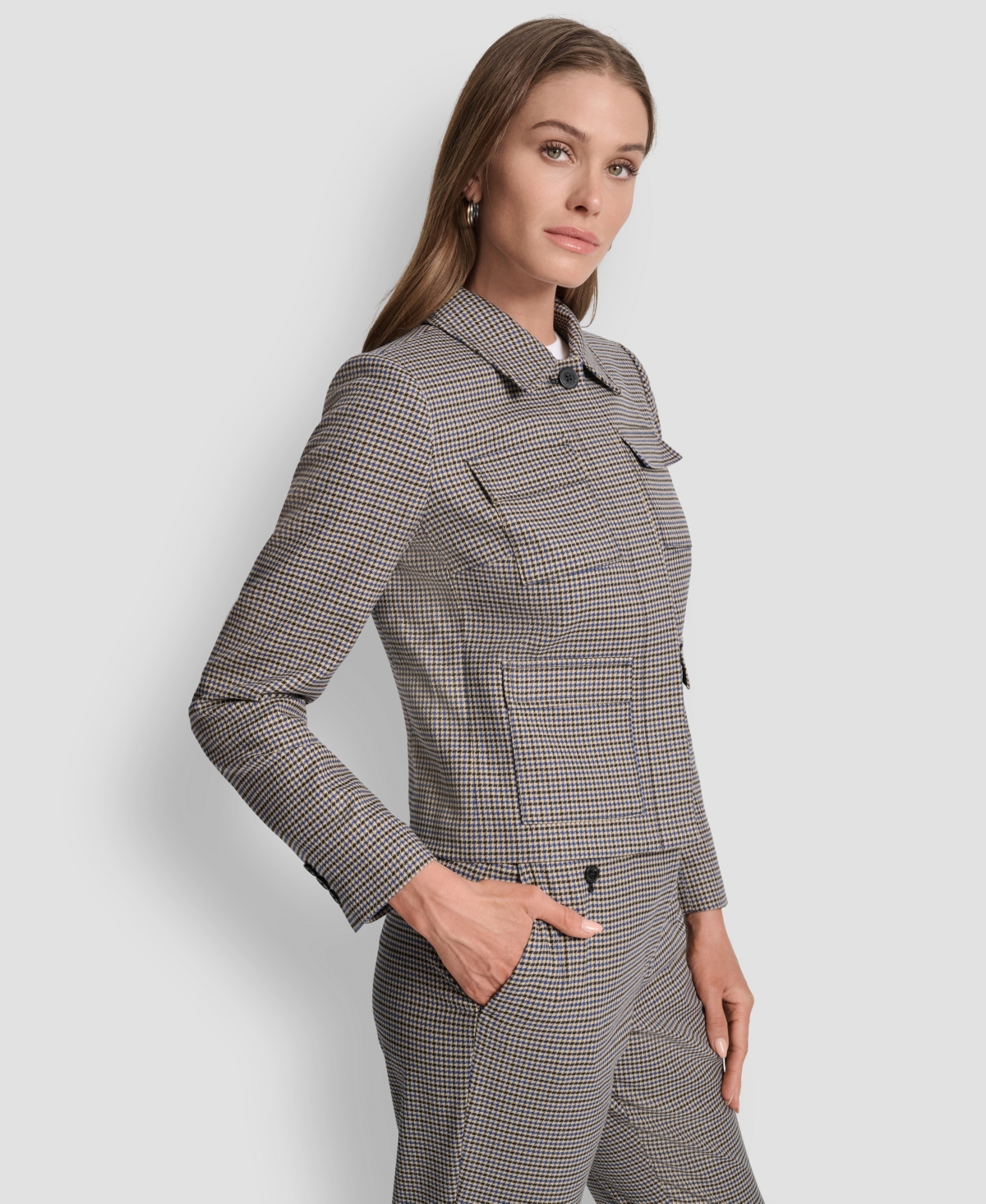 Dkny Petite Houndstooth Long Sleeve Trucker Jacket In Gray