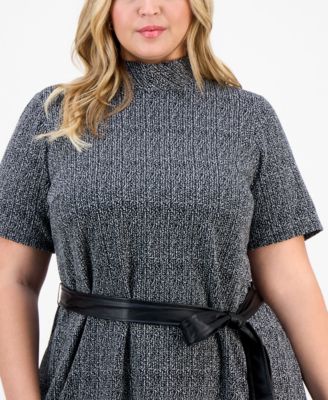 Plus Size Plus Size Mock Neck Short-Sleeve Boucl&eacute; Midi Dress