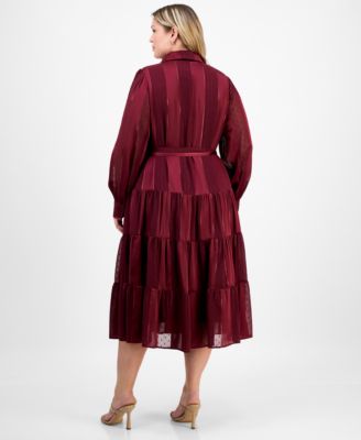 Plus Size Long-Sleeve Satin Stripe Shirtdress