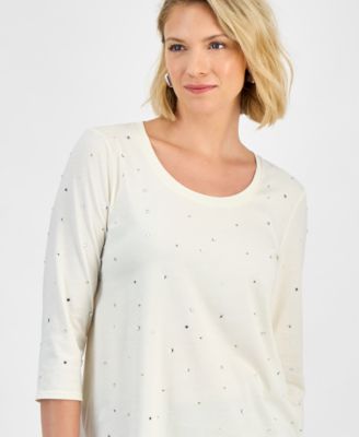 Women's Rhinestone Embellished Cotton 3/4-Sleeve Top, Macy's Exclusive
