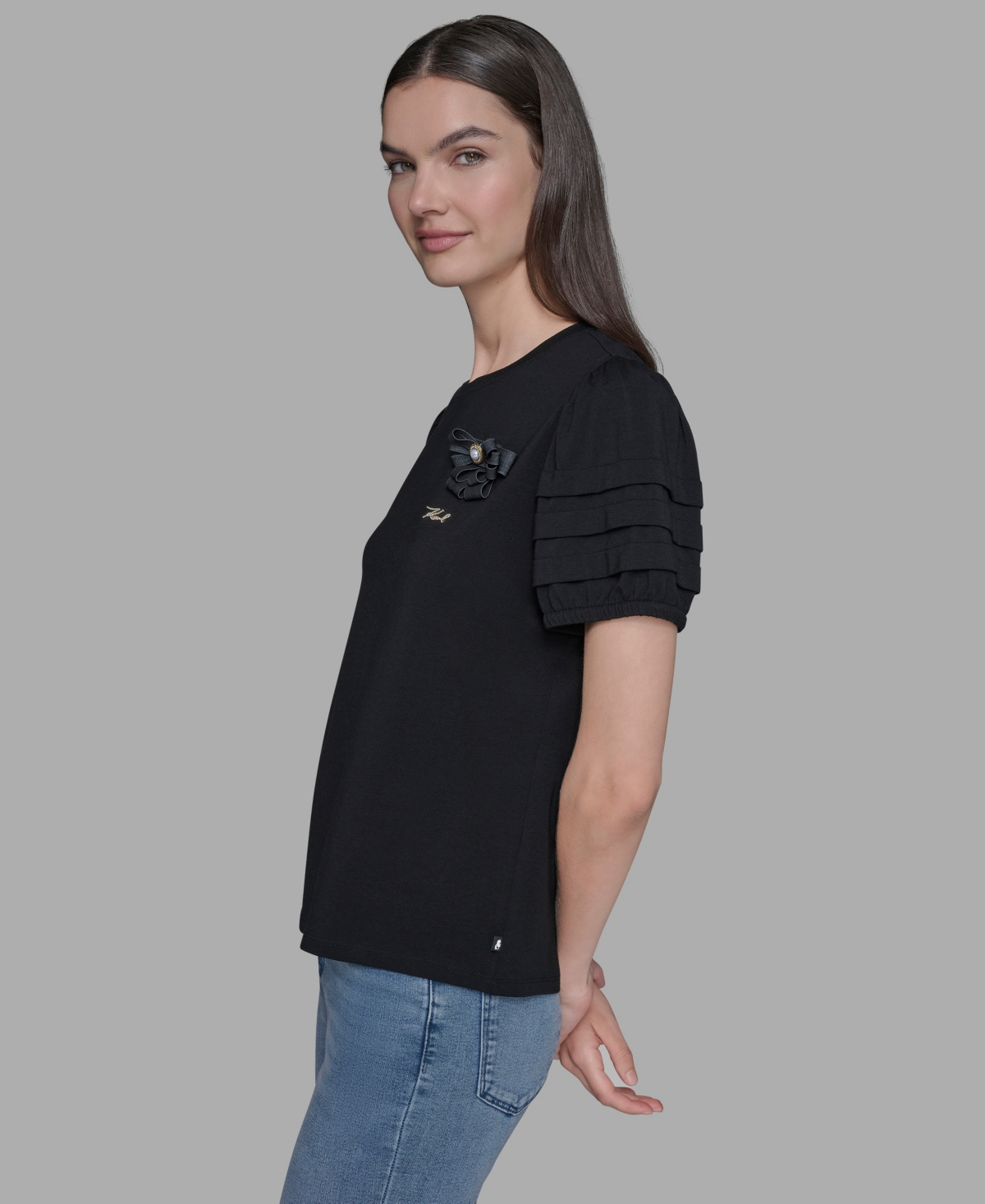 Karl Lagerfeld Women's K-pin Puff-sleeve Crewneck Top In Black
