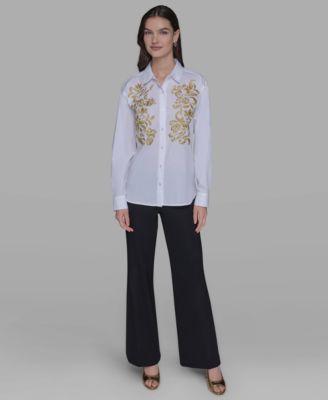 Women's Cotton Embroidered Button-Front Top