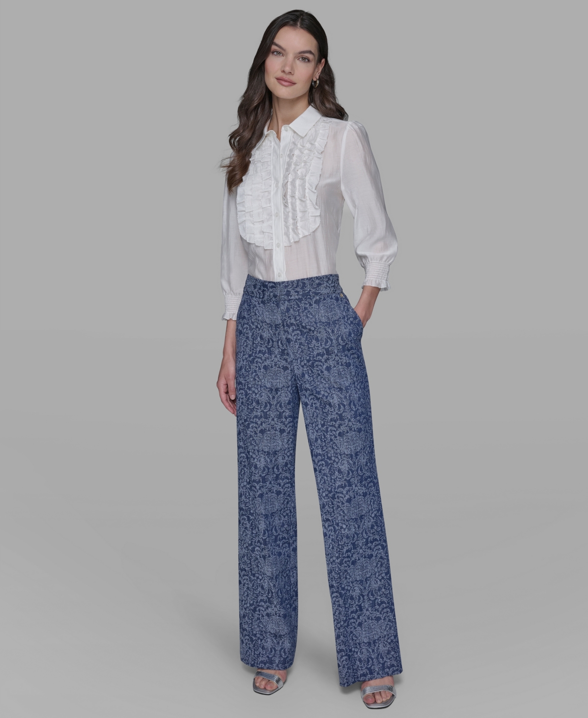 Karl Lagerfeld Women's Printed Wide-leg Denim Pants In Blue