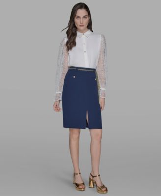 KARL LAGERFELD PARIS - Women's Chain-Belt Front-Slit Pencil Skirt