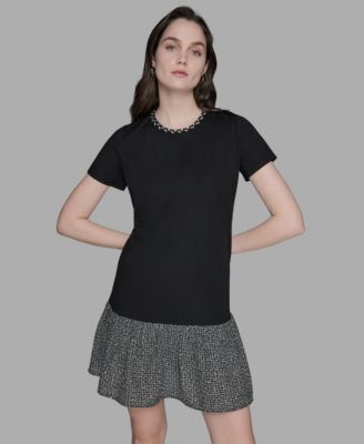 KARL LAGERFELD PARIS - Women's Ruffle Trim Knit Short Sleeve Dress